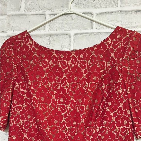 Adrianna Papell Midi Dress Lace Overlay Ruby Red Flare Holiday Event Size 8 - Picture 4 of 8